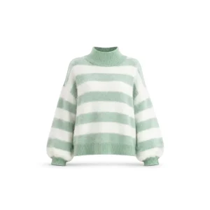 Heavyweight Cozy Winter Knitwear Stripe Pullover Sweater Women Lantern Sleeve Premium Fuzzy Loose