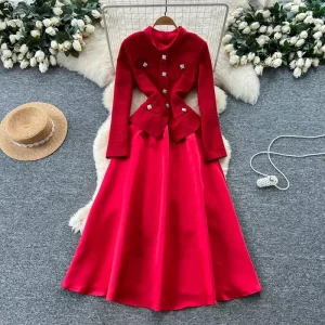 Hepburn Style Black Retro Light Luxury Coarse Tweed Round Neck Dress for Women Waist Slimming Long Dress