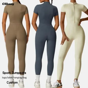 High Elastic Lightweight Breathable Four-Way Stretch Zip Up Sports Bodysuits Yoga Jumpsuit Short Sleeve Workout Jumpsuits