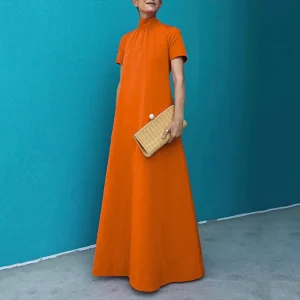 High Neck Nonwoven A Line Maxi Dress Loose Short Sleeves Solid Color Eco Friendly Washable Natural Waistline Casual
