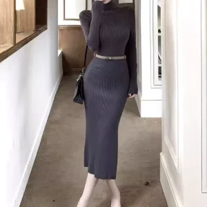 High Neck Slim-Fit Elegant Hip-Wrap Long Dress Women’s Tall Autumn Winter Long-Sleeved Spaghetti Strap Base Knitted Sweater