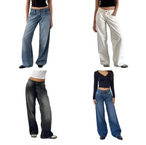 High Quality American Low waisted Straight Leg Jeans Acid Washing Women’s New Fashion Street Wide leg Denim Pants Women