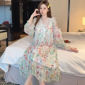 High Quality Autumn Floral Printed Lace Trim Nightdress Exquisite Bow Mesh Court Princess Style Women Sleep Skirts