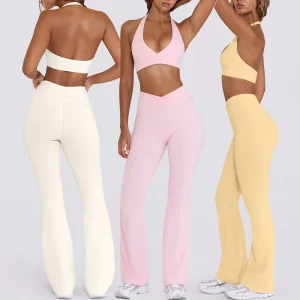 High Quality Backless Training Sets Nude Sports Bra And V Cross Waist Flared Pants Running Fitness Hanging Neck Design