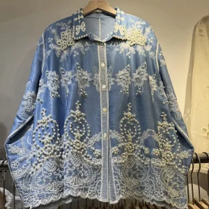 High Quality Beaded Embroidery Loose Shirt Long Sleeve Button Retro Blue Women’s Tops Coat