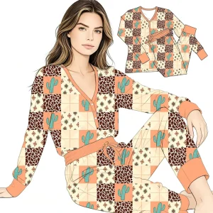 High Quality Breathable Bamboo Women Long Sleeve V neck Top and Drawstring Pants Sleepwear Two Piece Set