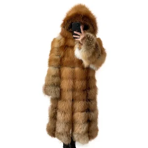 High Quality Breathable Casual Long Detachable Winter Fur Coat for Women with Red Fox Fur Cotton Filling and Polyester Lining