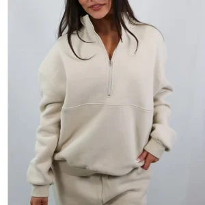 High Quality Casual Sportswear Stand Collar Oversized Quarter Zip Pullover Sweatshirt Loose Women’s Hoodies One Set