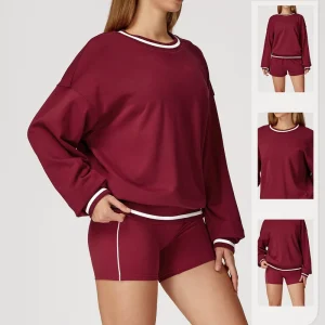 High Quality Custom Logo Cotton Crew Round Neck Crewneck Jumpers Sweatshirt and Shorts Lounge Wear Workout Set for Women Ladies