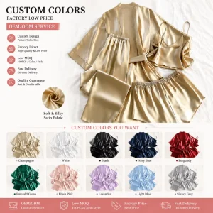 High Quality Custom Solid Summer Elegant Smooth Women’s Satin Silk Like Pyjamas Set 4 Piece Sleepwear Robe