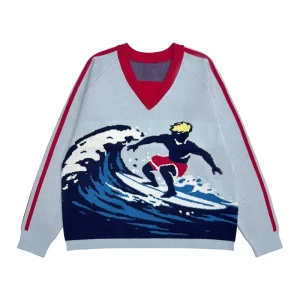 High Quality Custom Surf Jacquard V Neck Long Sleeve Knitted Loose Women’s Pullover Sweater
