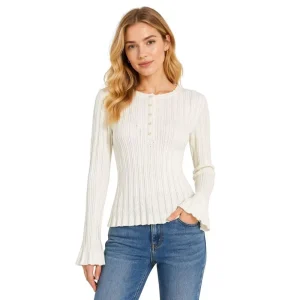 High Quality Custom Women’s Solid Thin Breathable Knit Pointelle Spring Summer Long Flare Sleeve Sweet Sweater OEM ODM