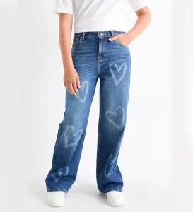 High Quality Custom Women’s Wide Leg Jeans with Heart Shaped Prints Loose Stylish Blue Denim Jeans Pants for Ladies