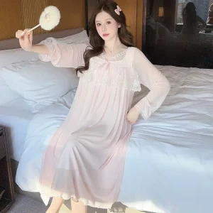 High Quality Elegant Loose Pajamas Cute Lace Trim Mesh Nightdress Women Fashion Princess Wind Long Evening Dress