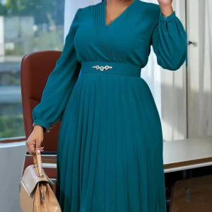 High Quality European and American Plus Size Elegant Solid Color Pleated Long Skirt Women’s V neck Fashionable Dress