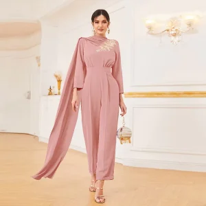 High Quality Fashion Elegant Long Sleeves Side Draped Jumpsuits for Women