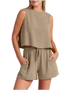 High Quality Fashion Women’s Casual Sleeveless Linen High Waist Shorts Suit Solid Color Loose