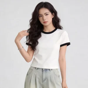 High Quality Fashionable Breathable Women’s Slim Fit Spandex/Cotton Raglan Sleeve Custom Logo T-shirt with Contrasting Trim