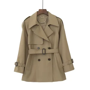 High Quality Khaki Short Women’s Windbreaker With Belt and Fashionable Windbreaker Jacket