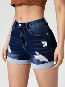 High Quality New Fashion Summer Hole Out European Style Women’s Denim Shorts with Elastic Waistband