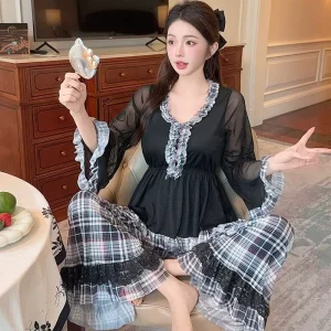 High Quality New Women’s Pajamas Sweet Mesh Gauze Lace Trim Princess Style Sleepwear Home Clothes Suit