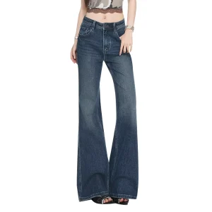 High Quality Retro Lady Solid Color Long Demin Pants Casual High Waist Jeans Women’s Streetwear Flared Skinny Jeans With Pockets