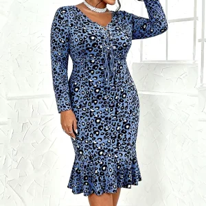 High Quality Sexy Plus size Women’s Knitted Dress Bodycon Midi Skirt Fitted Backless Leopard Print Polyester Party Casual Wear