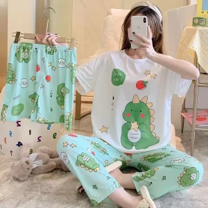 High Quality Soft Comfortable 3 PCS Pajamas Set Women Short Sleeve Women’s Sleepwear for Home Outdoor Wear