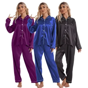 High Quality Solid Color Satin Pajamas Set for Women Elegant Casual Loungewear Soft Pajamas