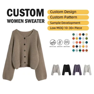 High Quality Stylish Loose Women Cardigan Knitwear Custom Logo Knitted Lantern Sleeves Solid Color Cardigan Sweater Women
