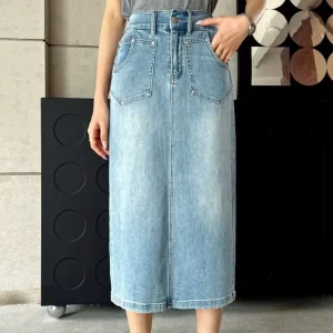High Quality Summer Casual Women’s Plus Size Light Blue Jeans Eco-Friendly Breathable Elastic Straight Design Midi Denim Skirt