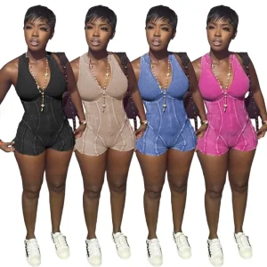 High Quality Summer Women Rompers Wash Cotton Knit Slim Fit Bodycon Jumpsuits Y2K Lady Vintage One Piece Rompers Women Bodysuits