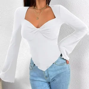 High Quality V Neck Ladies Casual Long Sleeve Breathable T shirt Stock Solid Color Women Crop Tops Compressed Feature