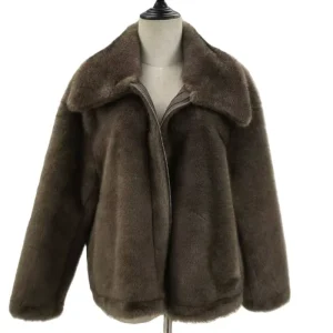 High Quality Windproof Printed Woven Dark Brown Zipper Short Faux Mink Fur Turn-down Collar Casual Women’s Coat for Winter