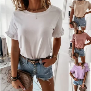 High Quality Woman Tops Fashionable Cotton Ruffle Short Sleeve Crew Neck Plain Ladies Shirt Women Summer Tee Shirts