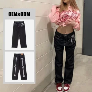 High Quality Women DTG Print Custom Logo Street Wear Denim Jeans Straight Leg Women Jeans Trousers Casual Pants