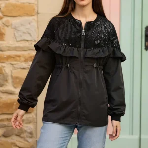 High Quality Women’s Autumn and Winter Fashion Casual Personality Wood Ear Edge Windbreaker Heavy Sequin Zipper Jacket