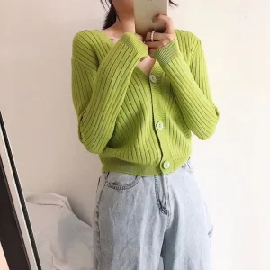 High Quality Women’s Cardigan Sweaters Female Candy Colors Short Button Sweater V Neck Long Sleeve Women Thin Knitted Cardigans