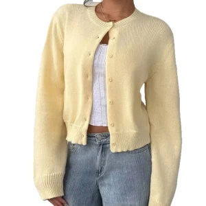 High Quality Women’s Casual Cardigan Jacket Sweater Long Sleeve Solid Color Loose Cropped Knitted Cardigan