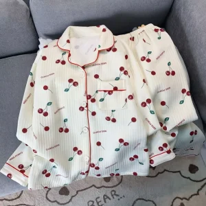 High Quality Women’s Cotton Sleepwear Winter Sweet Cherry Printed Lapel Cardigan Casual Pajamas Home Clothing