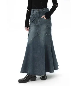 High Quality Women’s Custom Denim Skirts Ladies Pockets Wash Blue Long Skirts for Women Summer