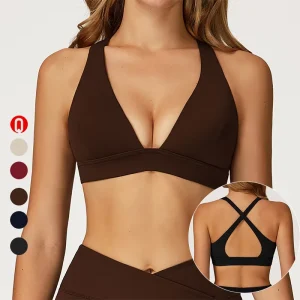 High Quality Women’s Fitness Activewear Sports Bra Cross Back Front Deep V High Support Quick Dry Breathable Gym