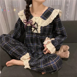 High Quality Women’s Plaid Pajamas Sweet Lace Trim Doll Collar Sleepwear Loose and Comfortable Cotton Home Clothes Pyjamas