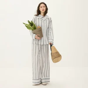 High Quality Women’s Plus Size Pajamas Set 100% Cotton Stripe Woven Long Sleeves Sleepwear