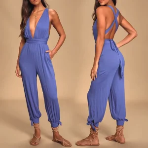 High Quality Women’s Rompers Blue Convertible Backless Playsuit Lace up One Piece Jumpsuit