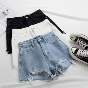 High Quality Women’s Sexy Ripped Jeans Coloured High Waist Jeans Denim Shorts Factory Casual Style Button for Summer