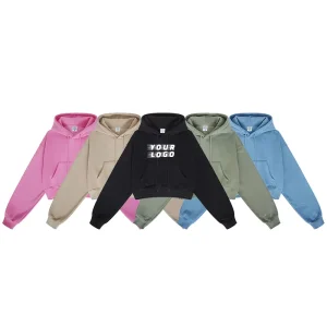 High Quality Women’s Woven 100% Cotton Printed Crop Navel Slim Hoodie Pullover Sweatshirt with Front Logo