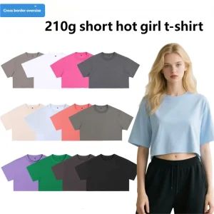High Quality Women’s XL Crop Top 100% Knitted Cotton Breathable Short Sleeve Casual Solid Print Plaid Streetwear Anti-Pilling