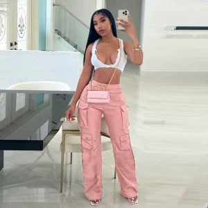 High Street Women Cargo Pants Long Faux Vegan Leather Pockets New Design Girls Wide Leg Pants
