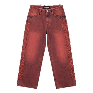 High-Street Women’s Jeans Red Acid Wash Applique Embroidery 14oz